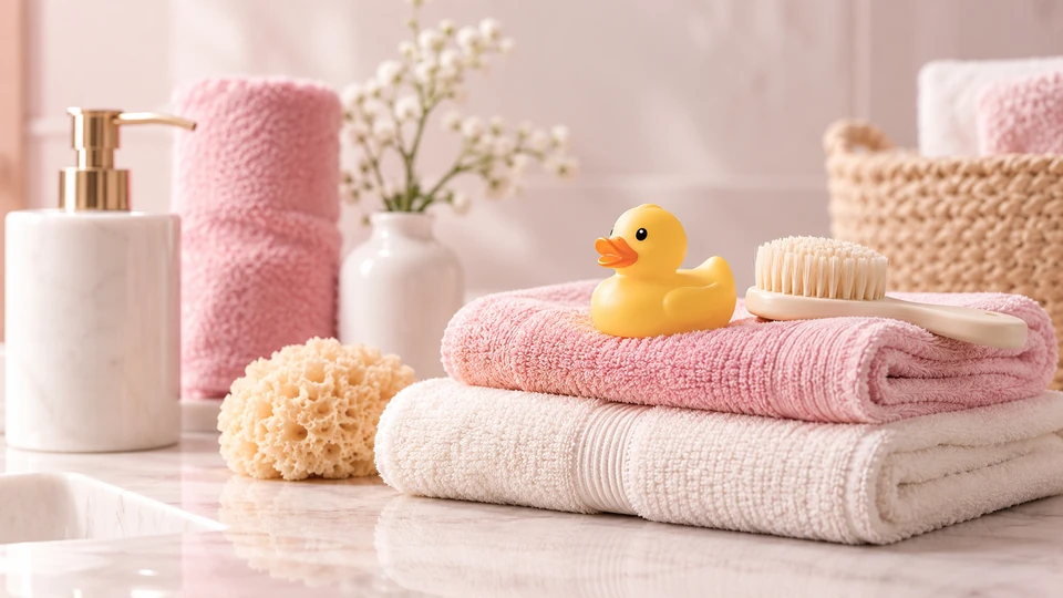 Toallas, jabón y patito de hule en un baño