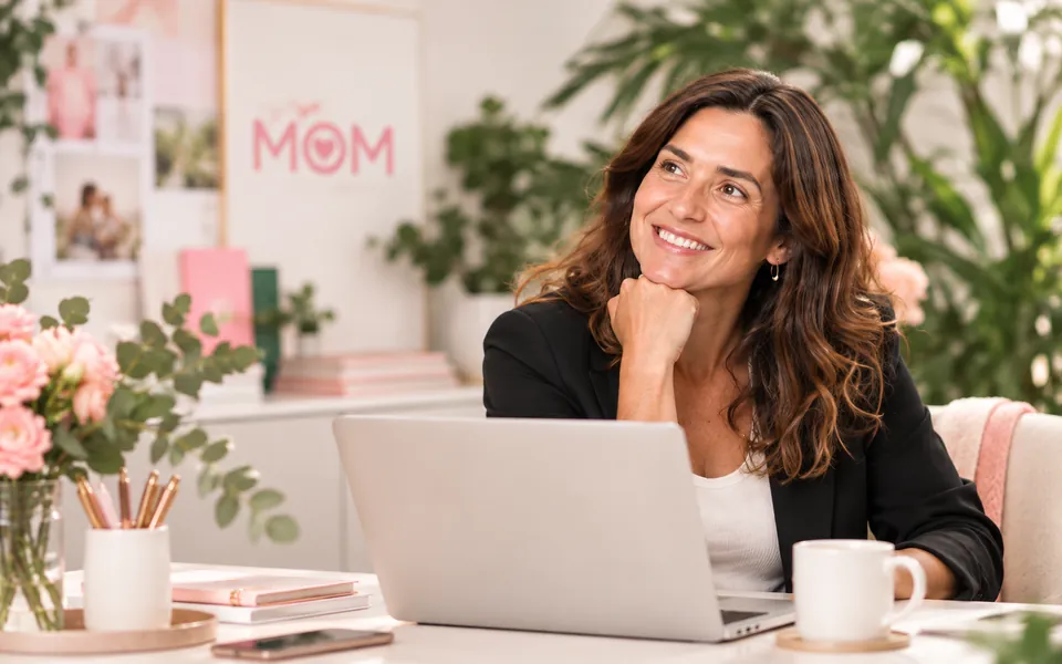 Mamá profesional sonriendo frente a su computador