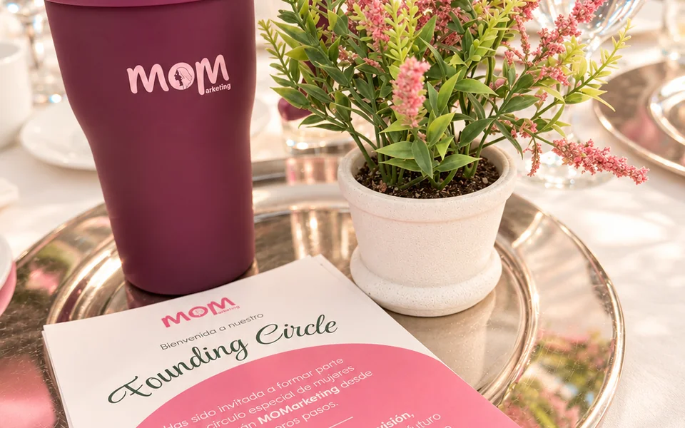 Mesa de un evento con un vaso de MOMarketing y la tarjeta del Founding Circle